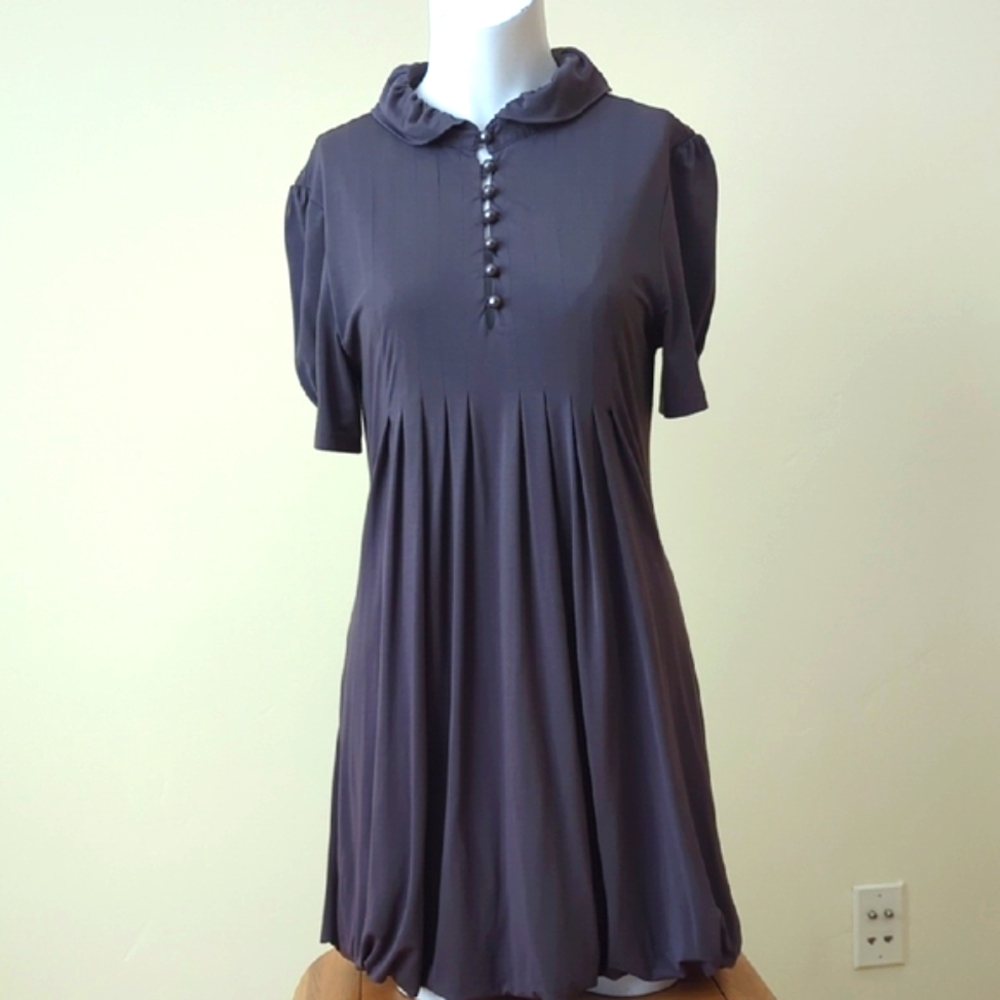 Fever London Gray Puff Sleeve Tunic with Polo Collar and Short Sleeves